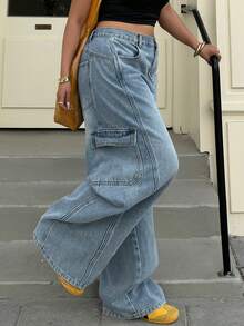 Dazy Plus Washed Blue Distressed Cat Whisker Side Pocket Loose Wide Leg Casual Jeans, All Season - Light Wash - View 8