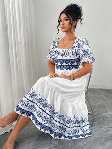 GlowEve CURVE Plus Size Lantern Sleeve Waist Cinched Long U-Neck Elegant Everyday Dress - Blue and White - View 4