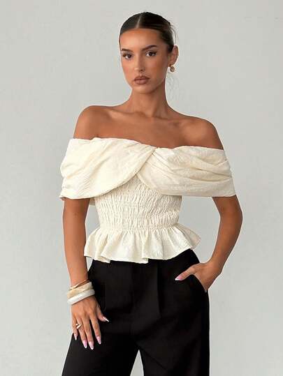 Siren Gaze Women Off Shoulder Twist Front Smocked Ruffle Hem Crop Top, Elegant Blouse, White Shirt, Ruffle Top, Office Wear, Summer, Linen Fitted Blouse, Shawl Style Top With Pleated Bust And Ruffle Hem, Casual Vacation Wear