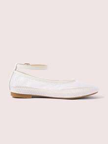 CUCCOO DOLLMOD 一双女士时尚优雅玛丽珍平底网眼透气芭蕾平底鞋，带搭扣，适合休闲日常穿着。 - 白色 - 查看 3