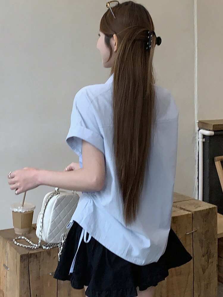 Women's Casual Contrast Color Embroidery Turndown Collar Drawstring Tie Shirt, Summer