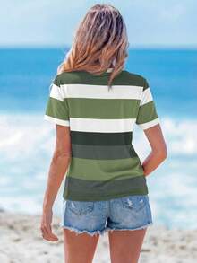 Sylviya Casual Color Block Stripe Pattern Round Neck Short Sleeve Women T-Shirt, Suitable For Spring/Summer - Green - View 2
