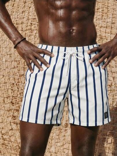 ZELFYO 男士泳裤，腰部有安全口袋，轻盈四向弹力字母贴片，条纹，适合度假休闲、海滩度假，白色面料无弹力衬里沙滩短裤，夏威夷风