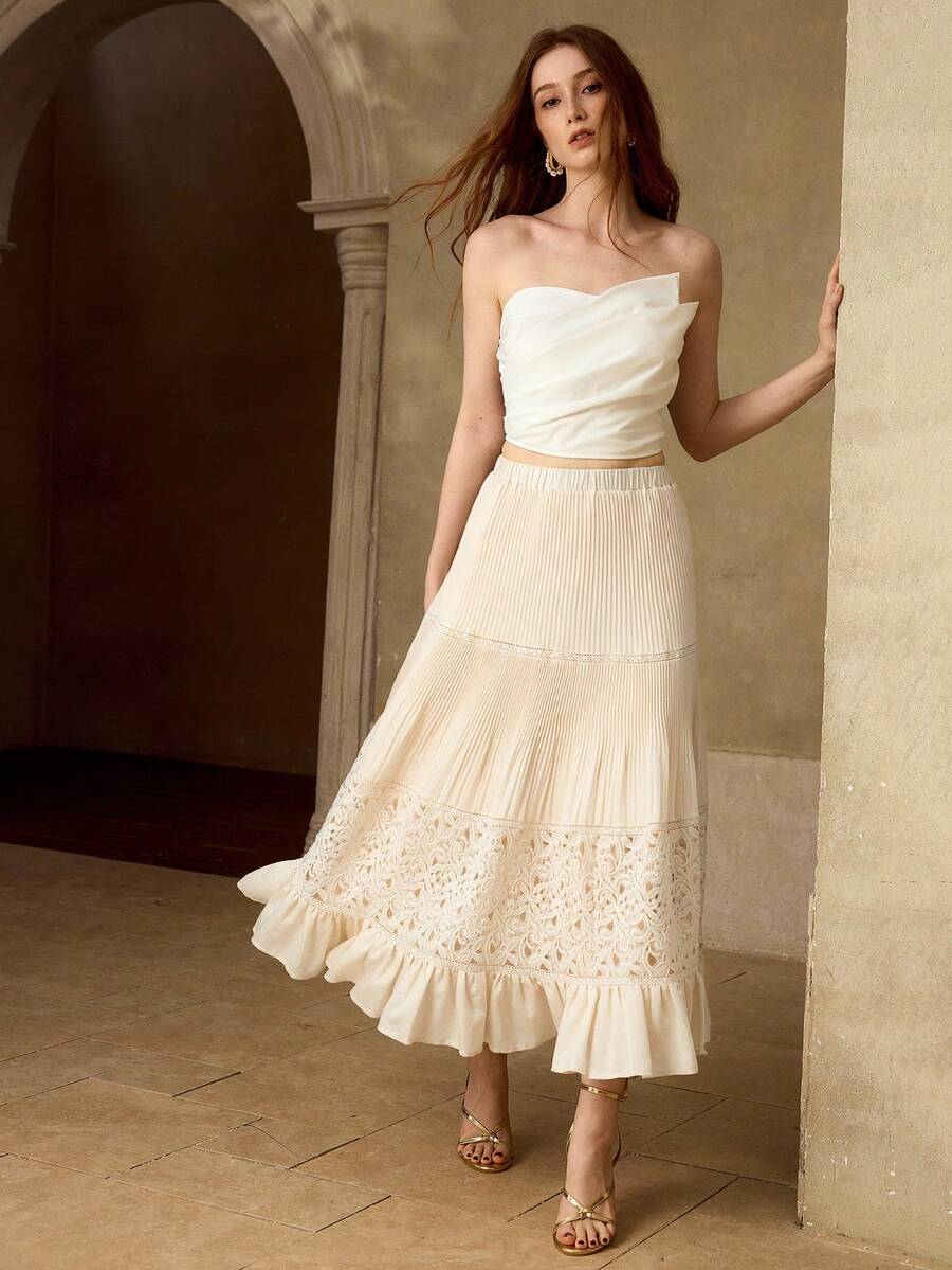 MOTF PREMIUM WOMEN'S SPRING/SUMMER A-LINE SKIRT WITH LACE PATCHWORK, TENCEL & WOOL BLEND - Apricot - View 1