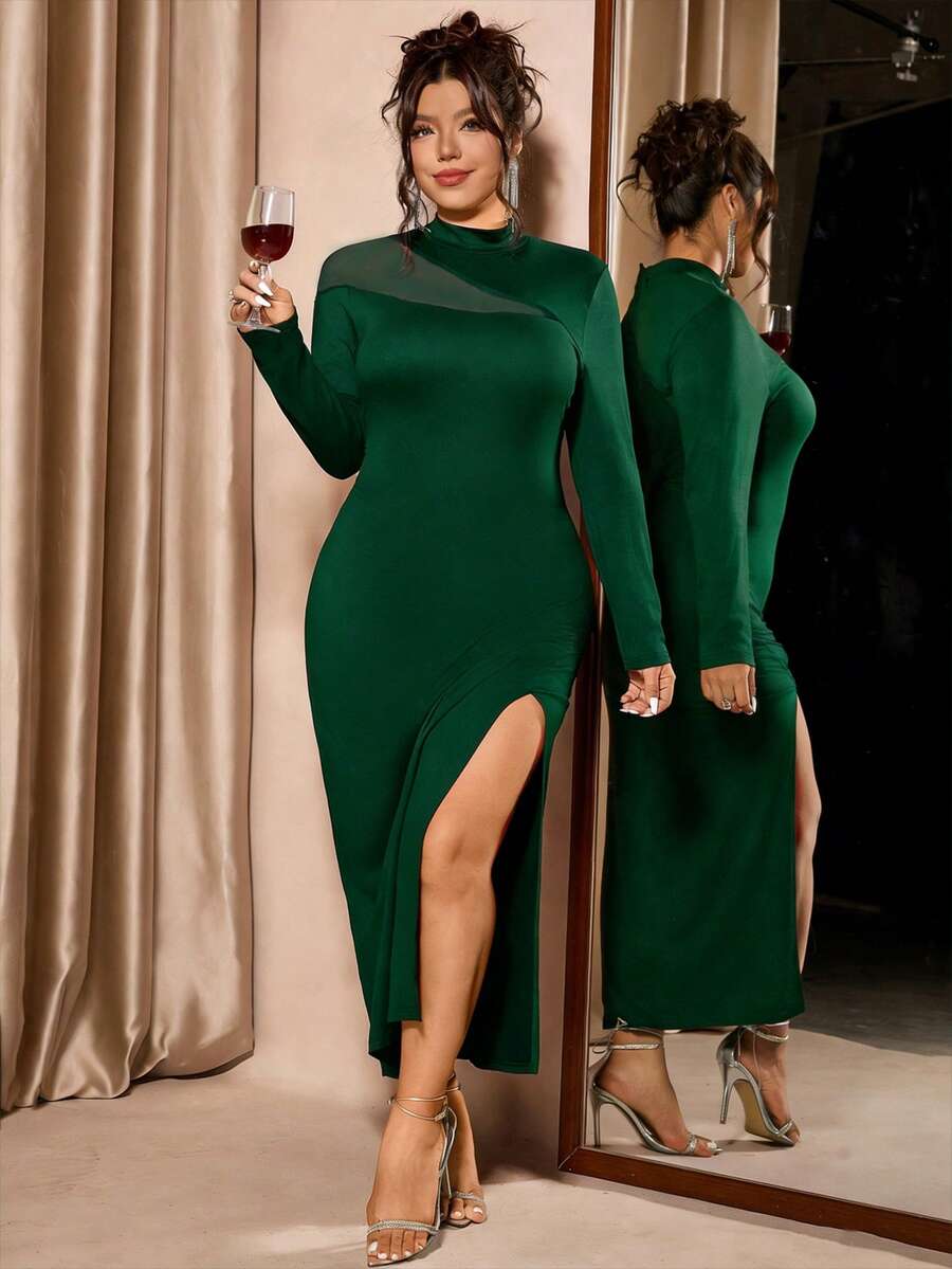 Cravure Elegant Spring/Autumn Stand Collar Long Sleeve Fitted Black Plus Size Women Dress - Dark Green - View 1