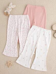 Souflis Souflis 3条装女婴休闲基础款罗纹针织双心印花喇叭裤修身柔软厚实长裤打底裤运动裤日常上学玩耍派对春夏秋季 - 彩色 - 查看 3