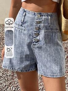 Livesso Shorts di jeans casual con tasche e decorazioni a righe blu, adatti per la spiaggia e le vacanze estive - Blu - Visualizzare 1