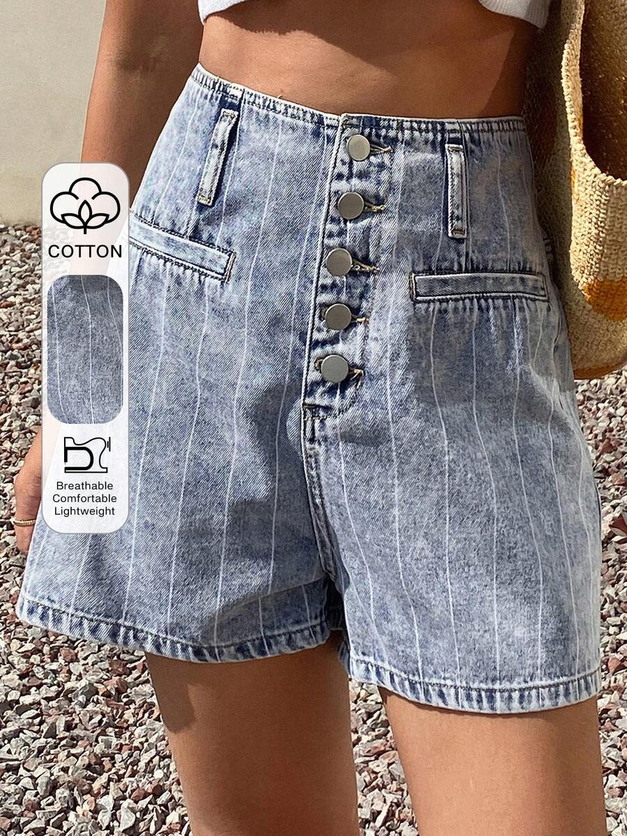 Livesso Shorts di jeans casual con tasche e decorazioni a righe blu, adatti per la spiaggia e le vacanze estive - Blu - Visualizzare 1