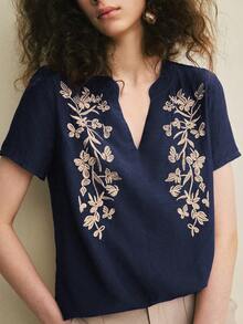 Écloséra 优雅复古法式V领刺绣短袖女式衬衫，酒红色，春夏款 - 藏蓝色 - 查看 3