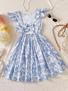 女童碎花露背蝴蝶结设计短袖收腰连衣裙 - 藍色 - 查看 1