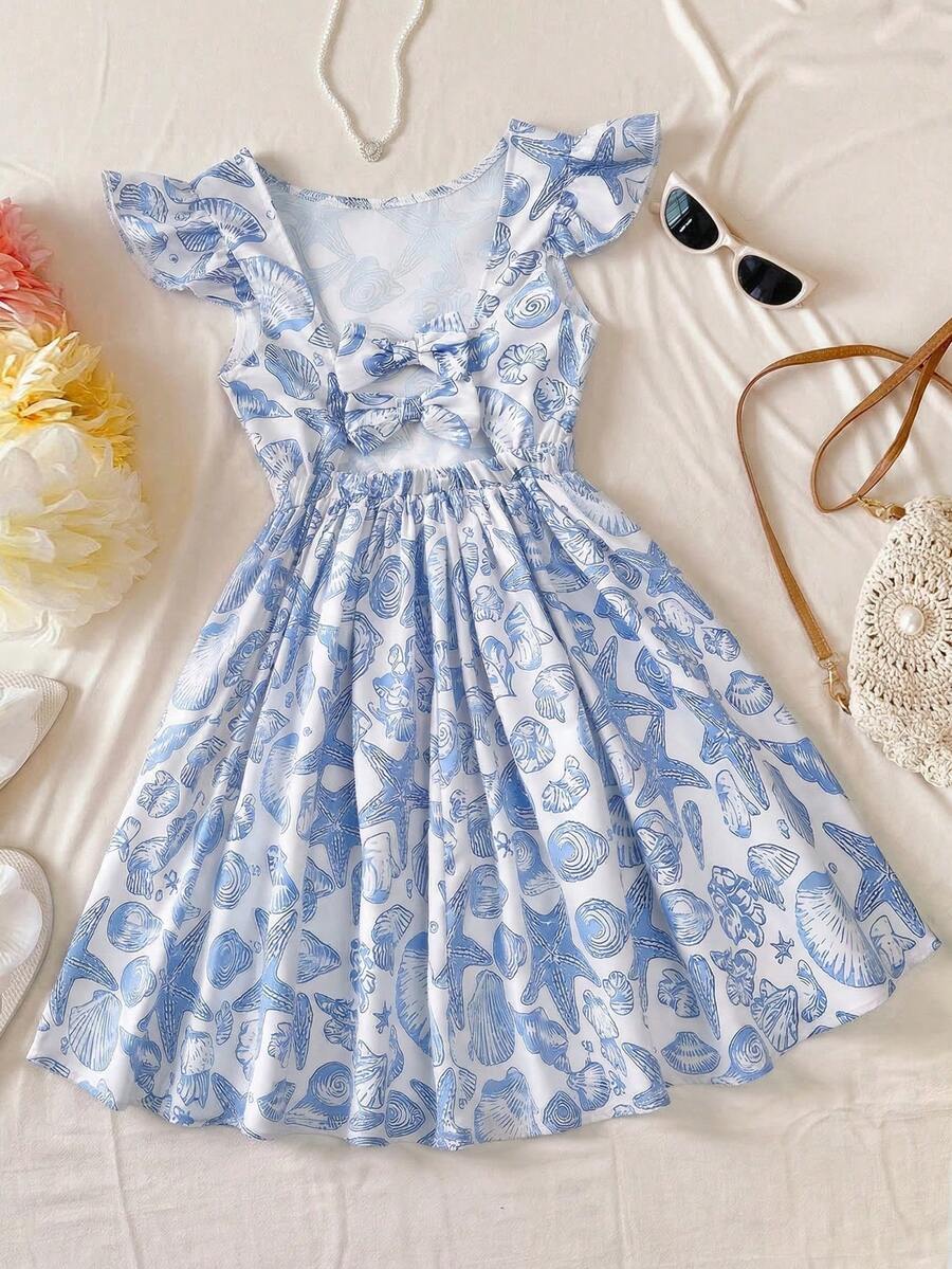 女童碎花露背蝴蝶结设计短袖收腰连衣裙 - 藍色 - 查看 1