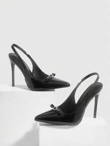 CUCCOO SZL Women Shoes Pointed Thin High Heel Black Bow Diamond Buckle Slingback Women's High Heel Shoes Fashion Sexy Dinner Party Women's Shoes - 6688-55 Mirror black - View 2