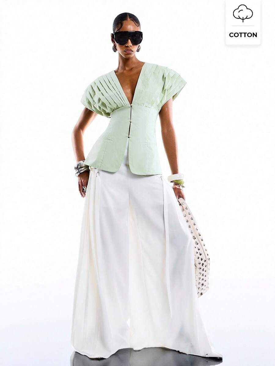 LYSMO 2026 New Arrive Minimalism Spring/Summer Women's Pleated Waist Cap Sleeve Blouse - Mint Green - View 1