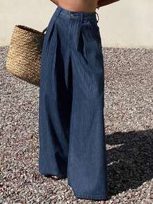 Dazy Tall Tall Women's Striped Fabric Pleated Loose Vacation Style Long Jeans - Medium Wash - View 6