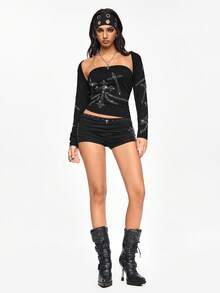 ROMWE Grunge Punk 2 Stücke Gothic Kreuz Strass Dekor Trägerhemd & Weste Set - Schwarz - Übersicht 6