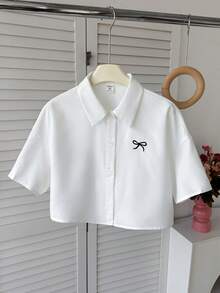 SHEIN Tween Girls Bow Embroidered Floral Pattern Collared Short Casual Blouse,Kids - White - View 5