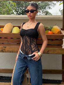 Muchica 女士黑色蕾丝连体衣 - 黑色 - 查看 6