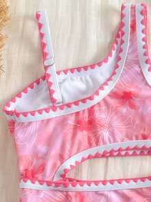 SHEIN 女童碎花连体泳衣，粉色花朵图案，荷叶边装饰，适合海滩、度假、夏季旅行 - 彩色 - 查看 5