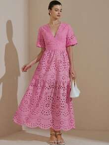 Aveloria Rosie Đầm dài tay cổ chữ V thêu họa tiết, mẫu mới mùa xuân, dành cho quý cô thanh lịch. - Hồng - Xem 7