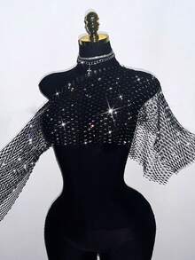 EgrlEra Women's Fishnet Rhinestone Cropped Top, Suitable For Holiday Party Outfits - Black - View 5
