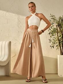 Bóhologie Women Tie Detailed Wide Leg Pants - Beige - View 3