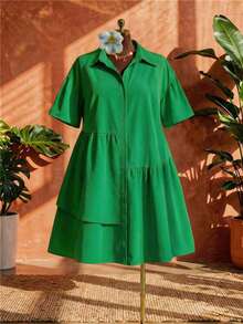 SHEIN CURVE+ Plus Size Women's Emerald Green Ruffle Hem Dress,Summer Smart Casual Vacation Beach Wear,Bohemian Vintage Style St. Patrick's Day Outing Outfit - Green - View 6