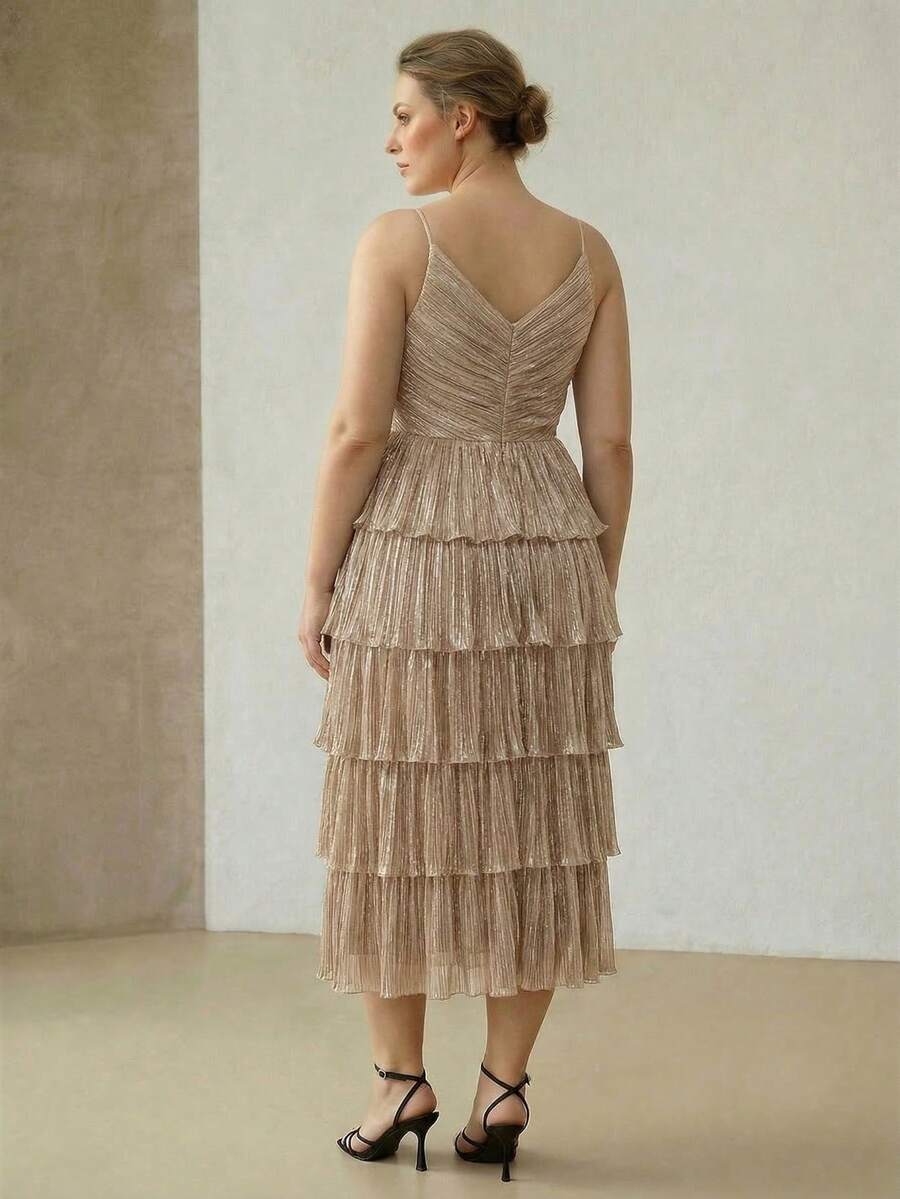 MOTF PREMIUM PLUS SIZE PLEATED METALLIC SHINY ELEGANT CAKE DRESS, SPRING/SUMMER - Gold - View 2