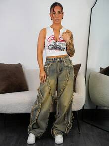 SAYEHFBABY 女士宽松版型口袋毛边阔腿休闲牛仔裤 - 彩色 - 查看 1