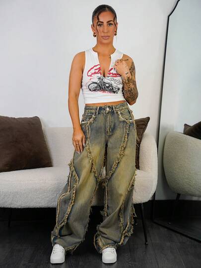 SAYEHFBABY 女士宽松版型口袋毛边阔腿休闲牛仔裤