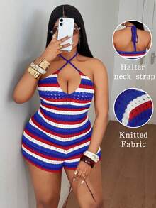 Maweii Große Größen Pullover Romper mit Trägerhalsausschnitt, gestrickter Stoff Damen Badeanzug, Damen Urlaubsoutfit Sets Romper Jumpsuit - Blau - Übersicht 1