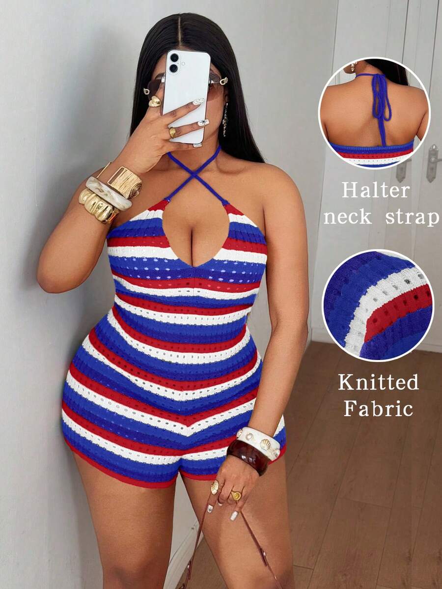 Maweii Große Größen Pullover Romper mit Trägerhalsausschnitt, gestrickter Stoff Damen Badeanzug, Damen Urlaubsoutfit Sets Romper Jumpsuit - Blau - Übersicht 1