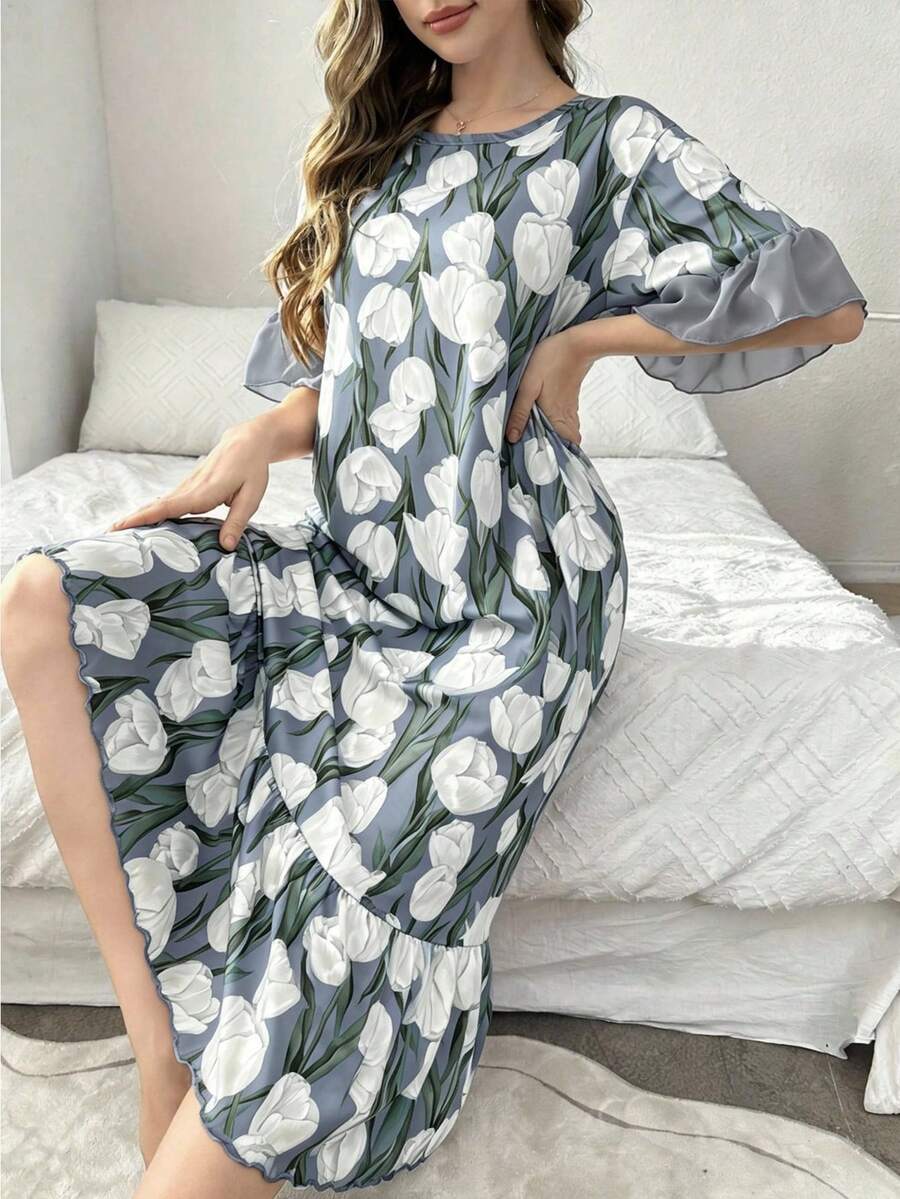 Contrast Color Ruffle Trim Short Sleeve Romantic Floral Print Long Nightgown - Multicolor - View 1