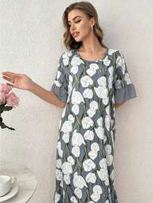 Contrast Color Ruffle Trim Short Sleeve Romantic Floral Print Long Nightgown - Multicolor - View 4