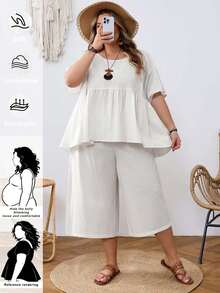 SHEIN CURVE+ Curve 尺码 US22 音乐节、海滨度假、波西米亚风两件套女式娃娃衫和七分裤，棉质面料 - 白色 - 查看 1