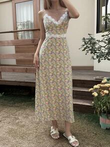 Livesso 女士花卉撞色蕾丝吊带中长连衣裙，度假款 - 黃色 - 查看 2