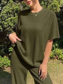 SHEIN EZwear 2件套休闲宽松纯色落肩短袖圆领加大码 - 軍綠色 - 查看 3
