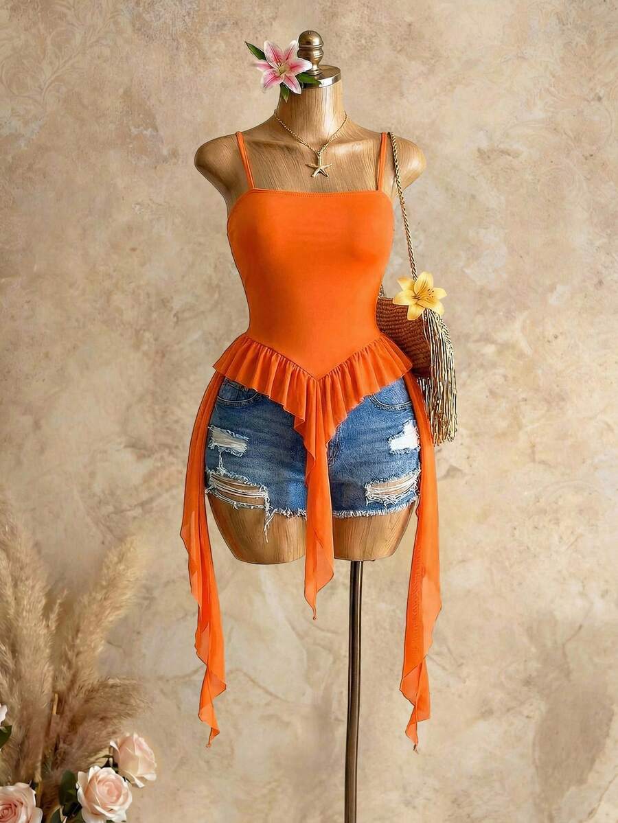 BamGleam Women's Vibrant Orange Beach Vacation Spicy Wind Chiffon Fabric Mesh Ruffle Hem Spaghetti Strap Camisole, Spring/Summer - Orange - View 1