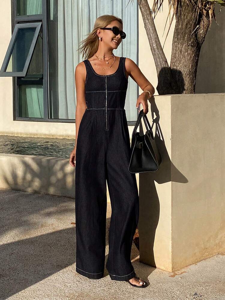 Women's Oversized Crew Neck Waist Cinched Long Casual Street Style Washed Zip-Up Original Color Denim Jumpsuit Summer