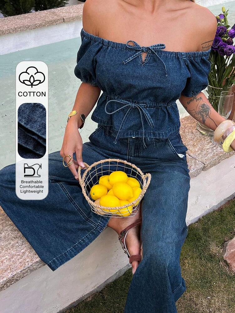 Women's Summer Off Shoulder Short Sleeve Tie-Up Denim Top And Loose Wide-Leg Pants Casual Vacation Denim Set