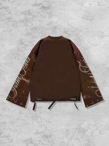 ROMWE MEN Street Life Spring Casual Graphic Vintage Street Style Distressed Saint Graphic Long Sleeve Crew Neck Men'S T-Shirt - Coffee Brown - View 3