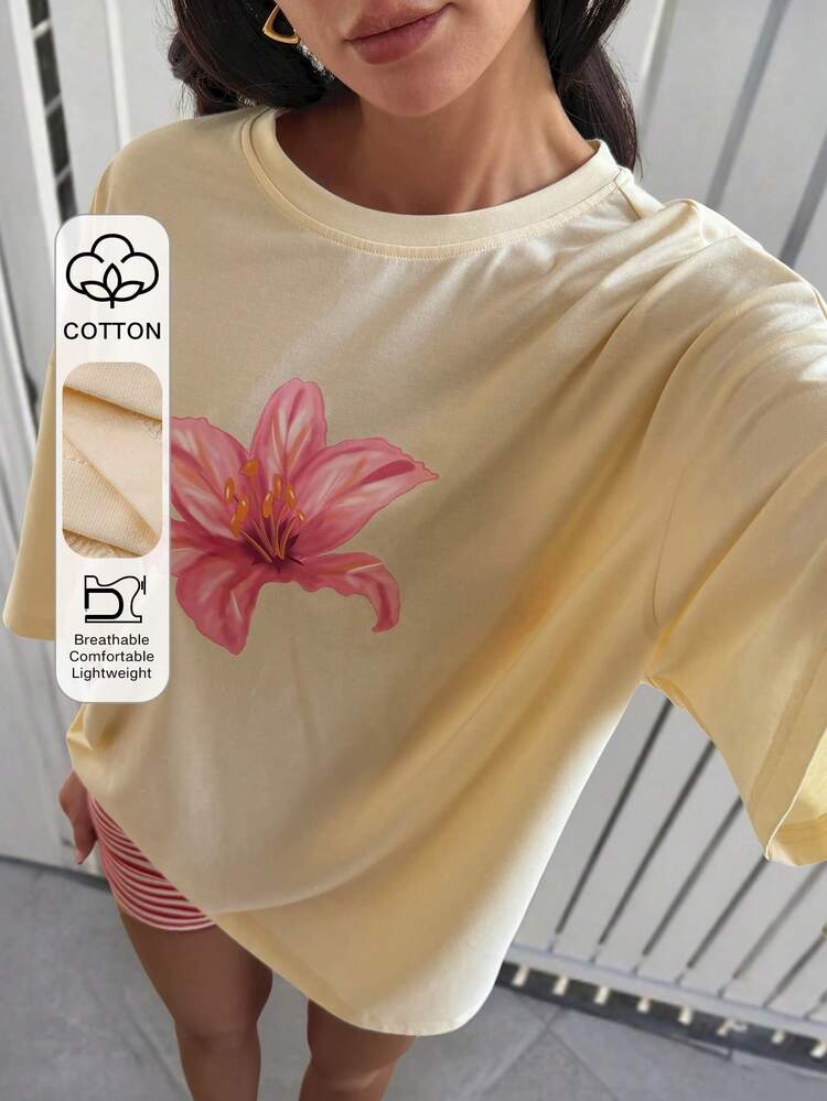 Women's Floral Print Loose Casual T-Shirt, Round Neck, Short Sleeve, Summer Graphic Tees Women Oversized