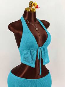 Amplova Bộ 2 món gồm quần short ngắn kẻ sọc cổ chữ V sâu, buộc dây phía trước. - Màu xanh lam - Xem 6