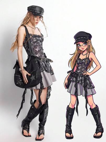 Bloopia 2026 Summer New Women's Dark-Toned Floral Print Lace Trim Dress Punk Dress Gothic Summer Clothes Edgy Women Clothes Corset Dress Subculture Rock Y2K Fashion, Music Festival Outfits, Nightclub Outfits, Nighttime Outings, Asian, Black, White Fashion, Street Style Gothic Style