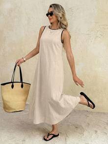SHEIN Frenchy Đầm dài cổ tròn phối màu tương phản cho nữ, thích hợp dự tiệc và tụ họp, đầm hè cho nữ, đầm linen cho nữ, đầm hè thường ngày cho nữ, đầm maxi không tay mùa hè cho nữ, đầm tank top thanh lịch đi biển, đầm dài không tay thanh lịch cho nữ, trang phục đi biển mùa hè thường ngày, đầm hè cho nữ, đầm tank top dài không tay thanh lịch, trang phục che chắn đi biển, trang phục nghỉ lễ cho nữ, trang phục nghỉ lễ mùa hè, bộ đồ thường ngày, phù hợp mặc hàng ngày. - Màu be - Xem 3