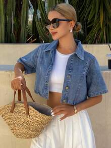 DAZY 女士休闲日常水洗前扣短袖牛仔衬衫 - 藍色 - 查看 4