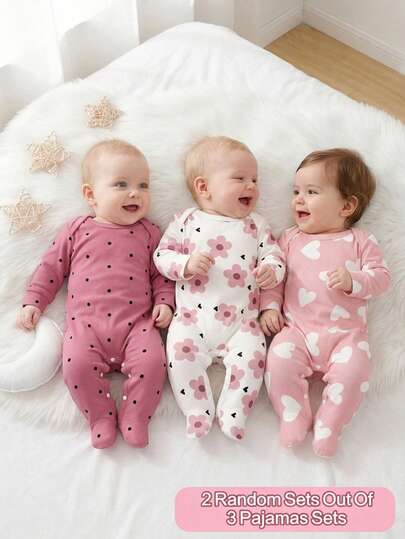 [Random 3 Sets, Send 1 Set] Cute Heart All-Over Print, Artistic Floral Print, Pink Polka Dot Print, Newborn Romper Jumpsuit, Comfortable And Convenient, Spring/Summer Soft Casual Pajamas Set, Makes Baby Look Adorable And Lively, Soft And Comfortable Fabric, Provides Motherly Embrace Feeling For Newborns.