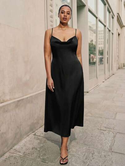 Maija Plus Size Solid Color Cowl Neck Satin Shiny Elegant Party Slip Dress, Autumn Women's Clothing, Back To School Outfit, Vintage Retro Teacher's Outfit, Romantic, Fashionable, Versatile; Comfortable, Elegant, Casual, Simple Daily Wear, Essential, Holiday Leisure, Appropriate, Single Lady, Elegant Fashion Business Casual Outerwear Top, Graduation Outfit, Women's Teacher Outfit, Outerwear Top, Women's Business Casual Clothing, Plus Size Autumn Women's Date Night Dress, Plus Size Women's Business Casual Outfit