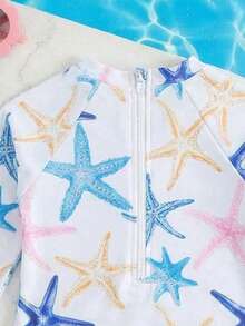 SHEIN 女婴海星印花休闲沙滩连体泳衣 - 藍色 - 查看 4