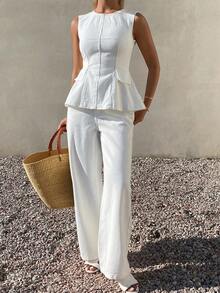 DAZY Bộ đồ thể thao mùa hè dành cho nữ, chất liệu cotton, thanh lịch, gồm áo kiểu cổ tròn không tay màu trắng và quần jeans trơn. - trắng - Xem 8