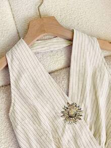 INAWLY 2pcs Elegant Striped Decorative Button Neck Top Set - Multicolor - View 5